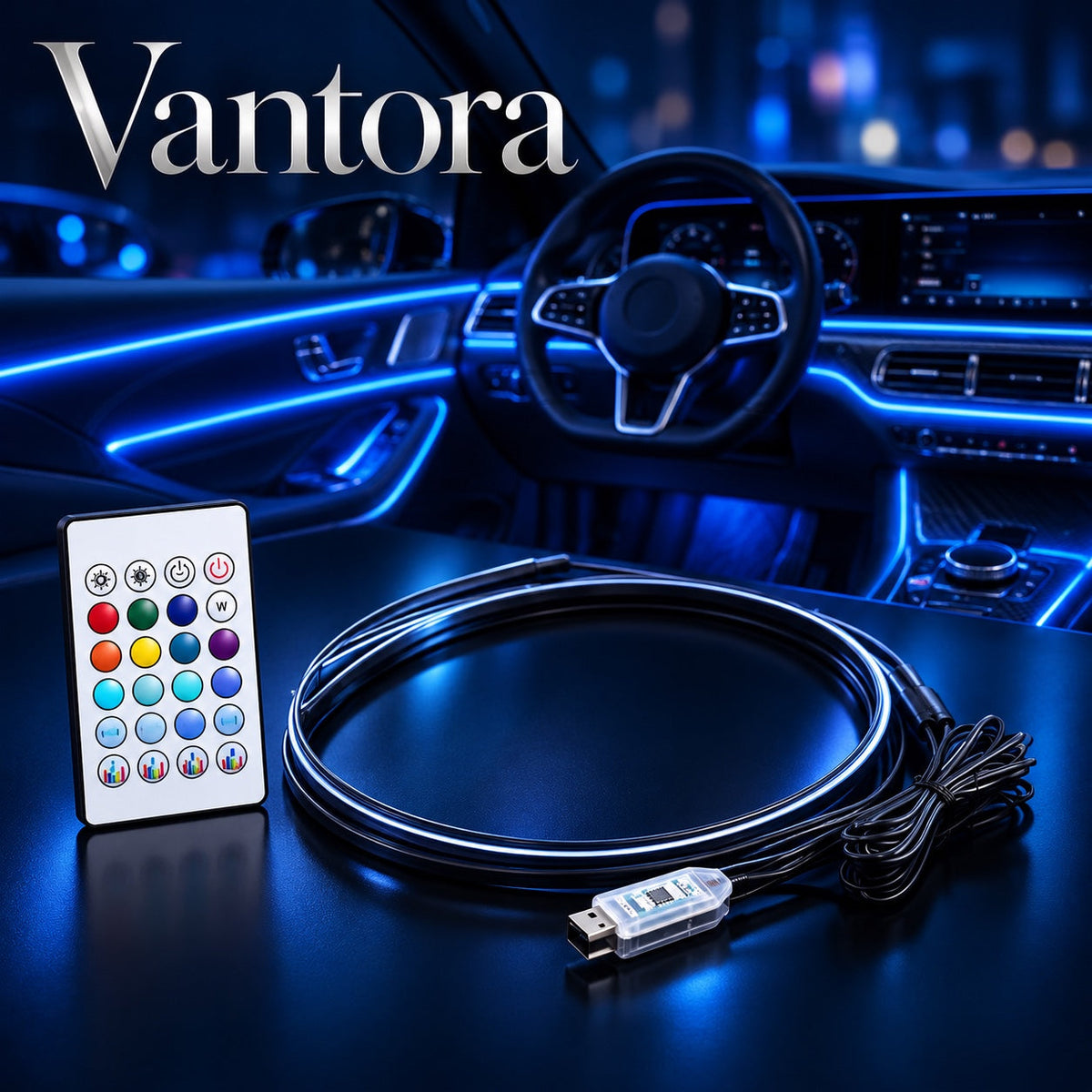 AI-generated Vantora promotional illustration of car ambient lights; appearance may differ from supplied kit