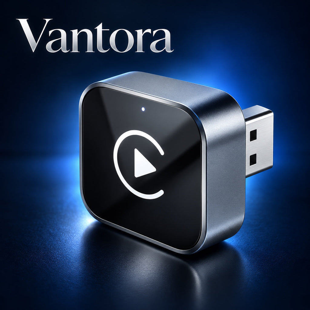 AI-generated Vantora promotional illustration of a wireless CarPlay adapter; appearance may differ from supplied model