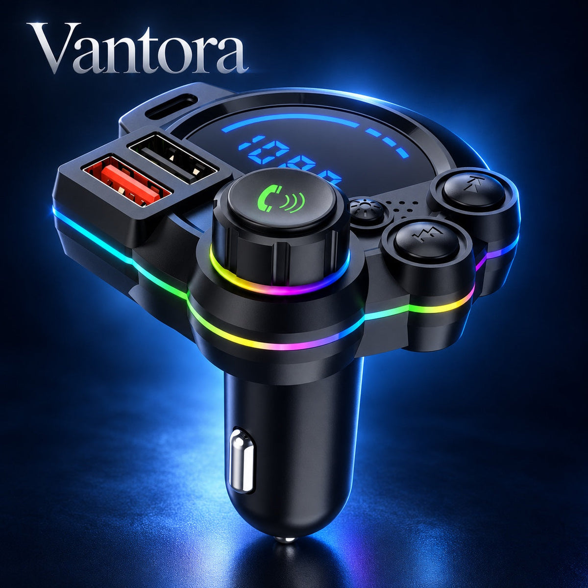 AI-generated Vantora promotional illustration of a Bluetooth FM transmitter; features and appearance may differ from supplied model