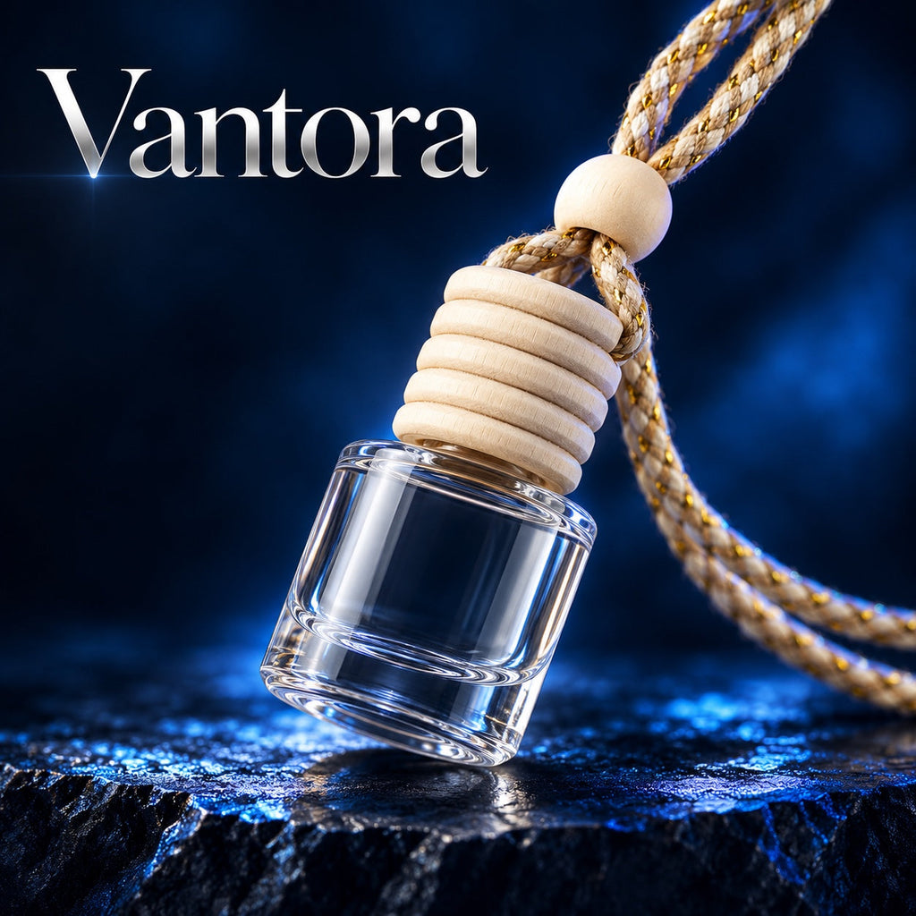 AI-generated Vantora promotional illustration of a hanging car fragrance bottle; appearance may differ from supplied model