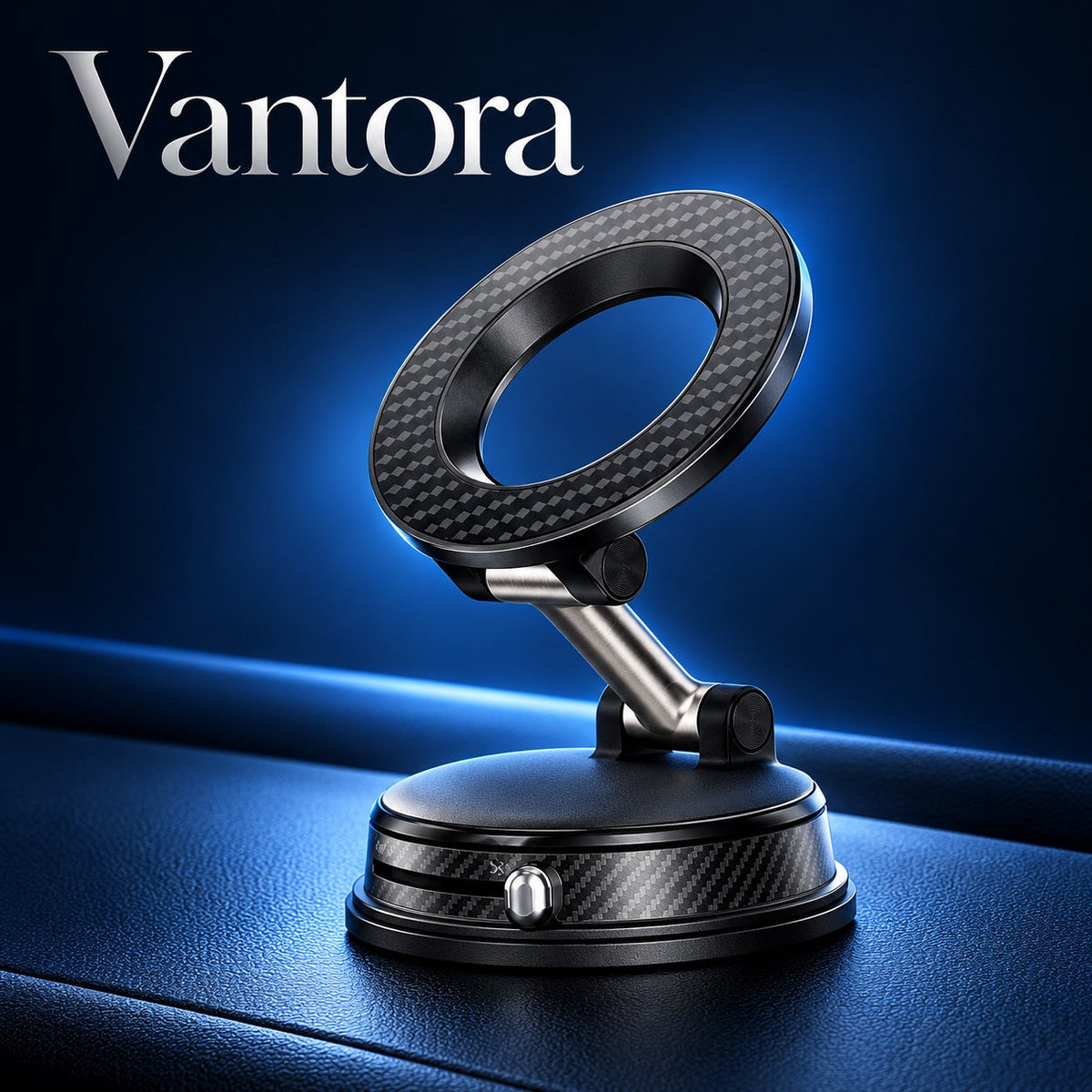 AI-generated Vantora promotional illustration of a magnetic rotating phone mount; appearance may differ from supplied model