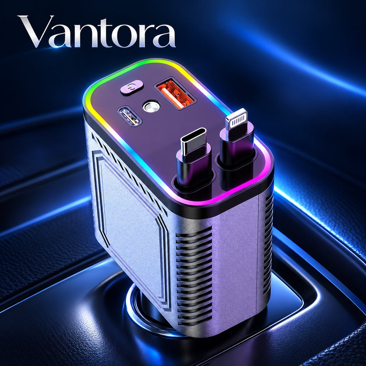 AI-generated Vantora promotional illustration of a multiport car charger; appearance may differ from supplied model