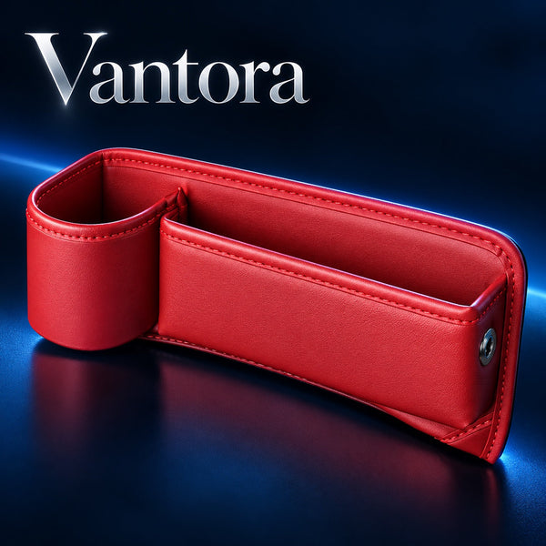 AI-generated Vantora promotional illustration of a red car seat gap organiser; colour and design may differ from supplier model