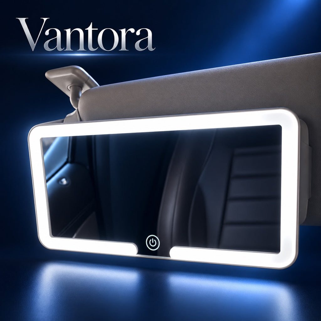 AI-generated Vantora promotional illustration of a sun visor LED mirror; appearance may differ from supplier model